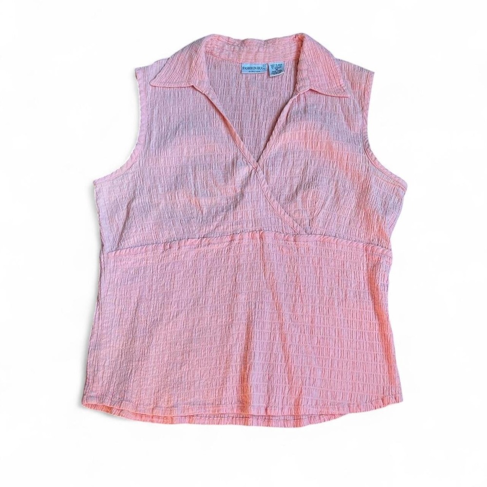 Fashion Bug Stretch Pink Crinkle Sleeveless Top V-Neck Collared Blouse Medium
